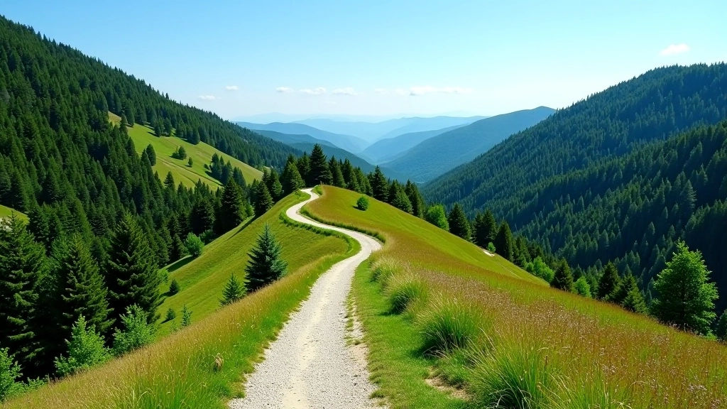 Krkonoše Mountains hiking trail with green forest
