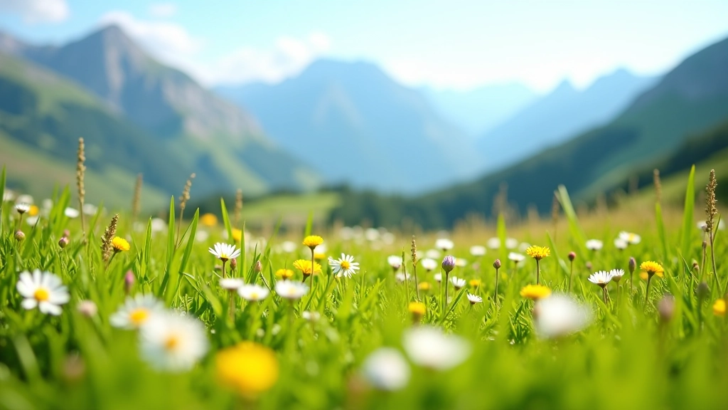 Alpine meadow with wildflowers and distant mountain peaks under clear blue sky