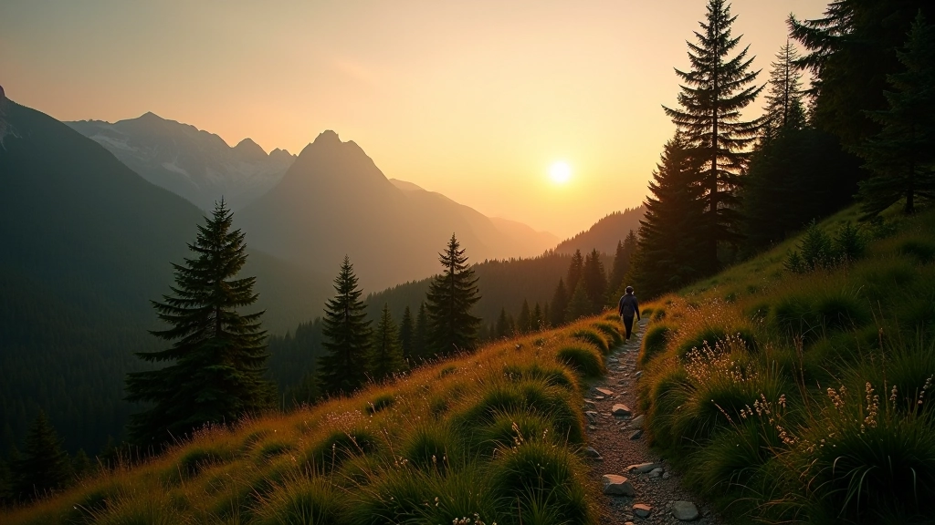 Scenic hiking trail in Krkonoše mountains with misty peaks and forest path