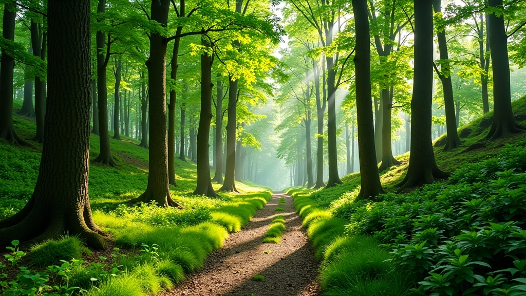 Mountain trail through beech forest with sunlight filtering through green leaves