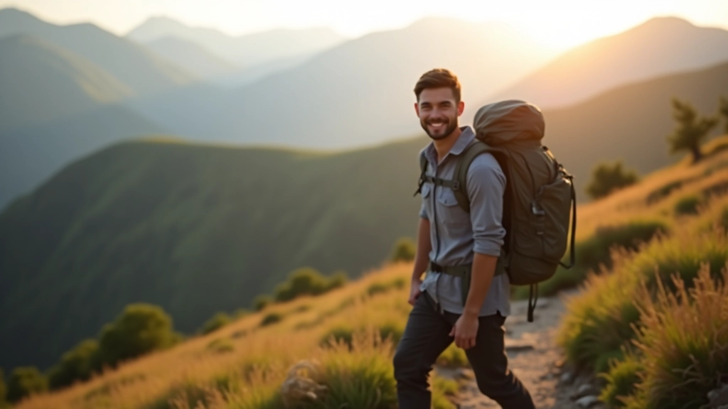 Hiker standing on mountain trail overlooking green valleys and distant peaks in Czech mountains