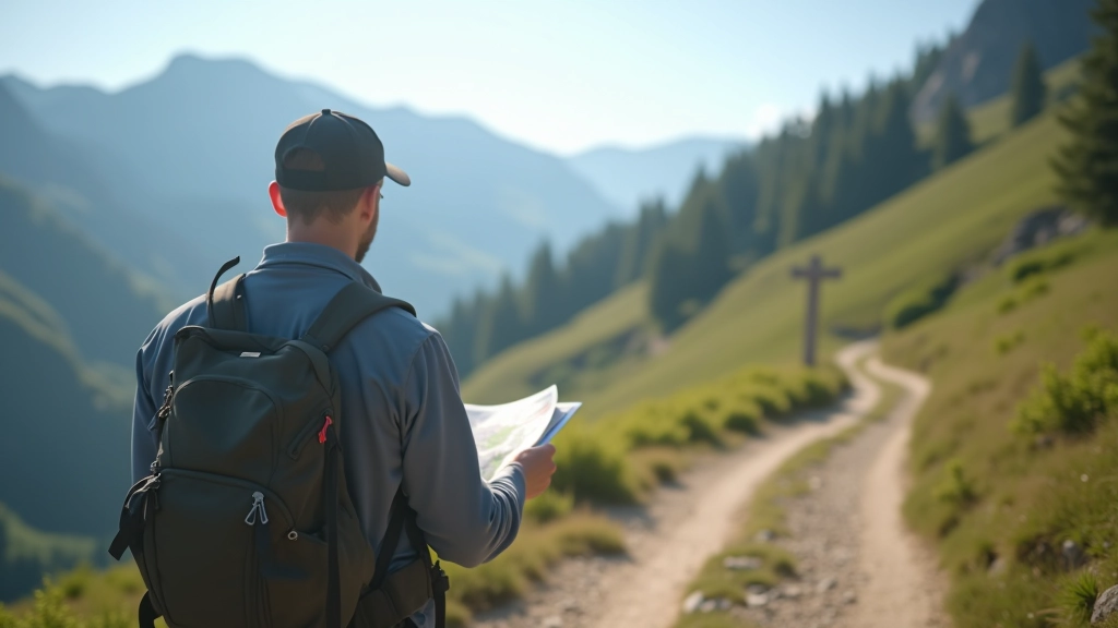 Hiker checking map at mountain trail junction with directional signs pointing to different peaks