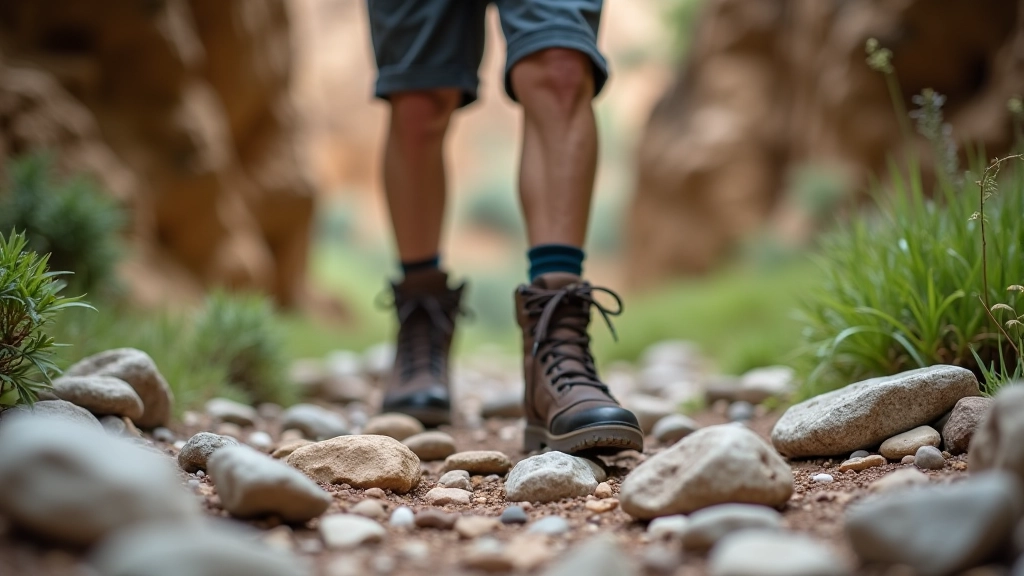 Hiker wearing proper gear on rocky limestone trail with canyon walls visible
