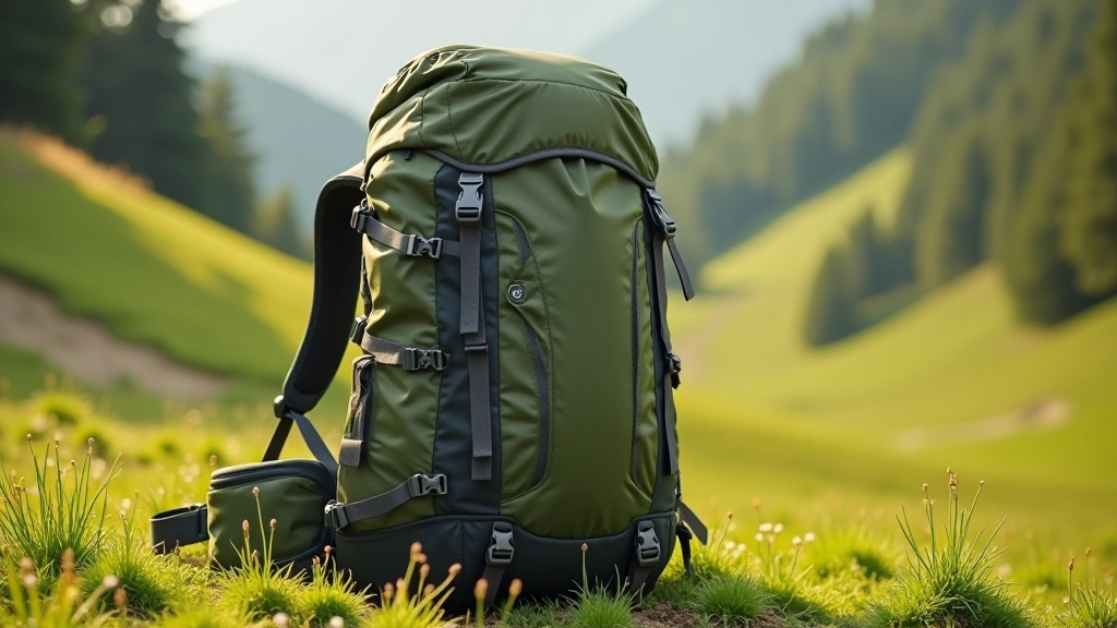 Hiking backpack with padded shoulder straps and hip belt, packed with essentials, photographed outdoors