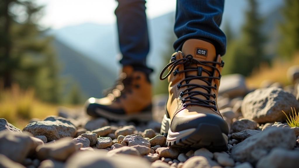 Pair of hiking boots with good ankle support on a rocky mountain path with clear tread pattern