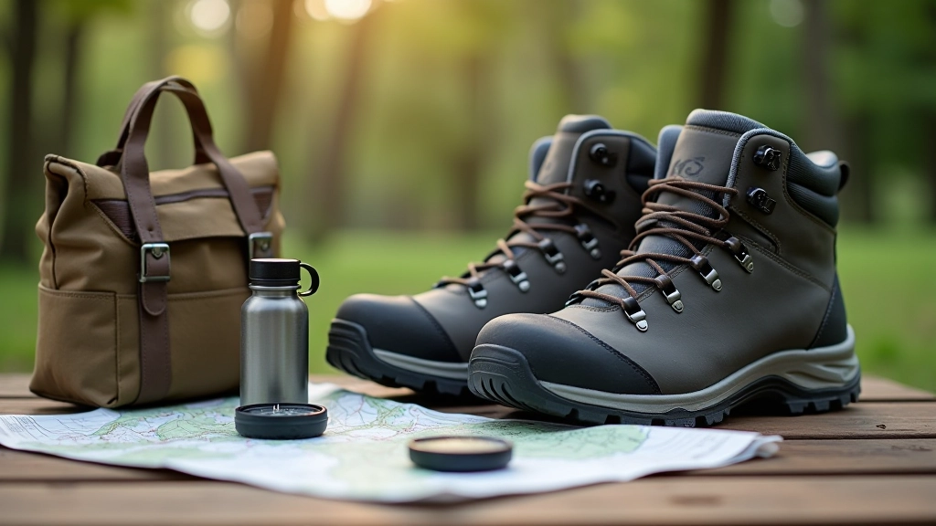 Hiking boots and gear arranged on wooden surface with map, water bottle, and compass visible