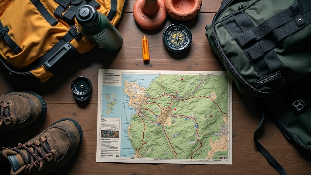 Hiking boots, backpack, water bottle, and trail map arranged on wooden surface with natural lighting