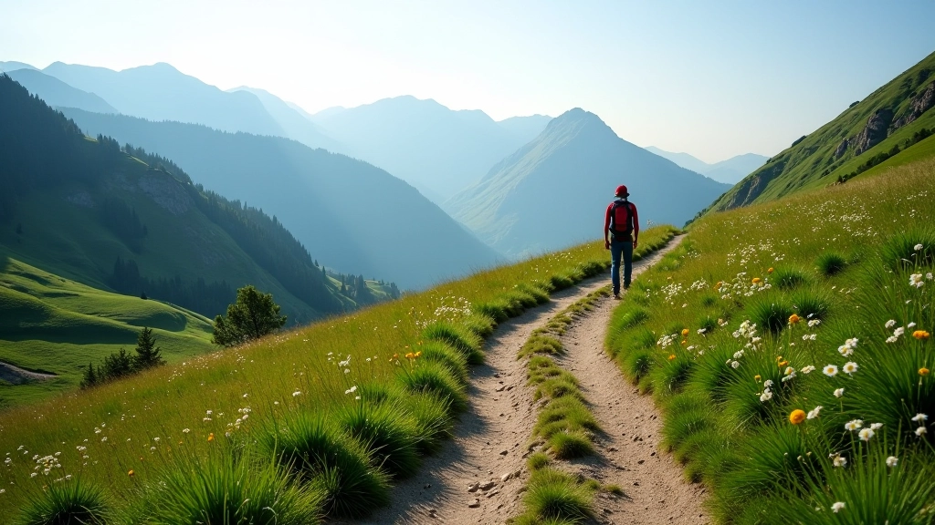 Mountain hiking trail winding through Krkonoše peaks with green meadows and distant horizons