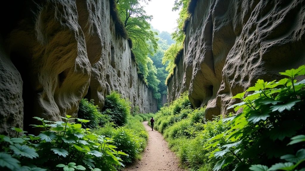 Steep limestone canyon walls with narrow walking path between rocks and green vegetation