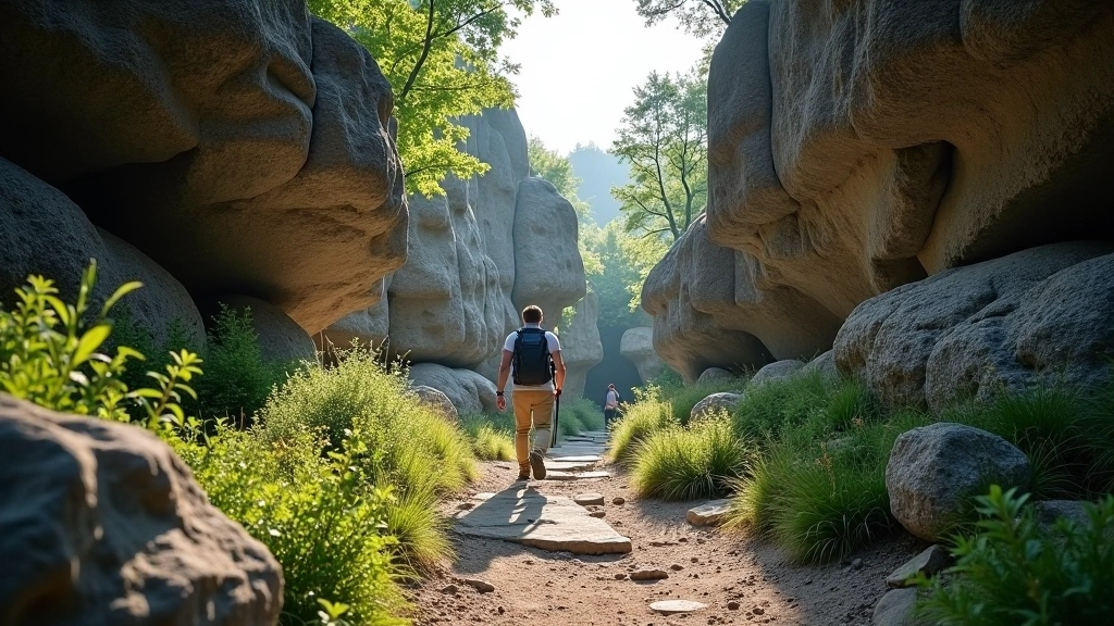 Limestone formations and rocky pathways through Moravian Karst landscape with vegetation