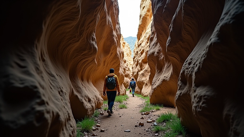 Narrow sandstone corridor with high rock walls on both sides, filtered sunlight creating dramatic shadows
