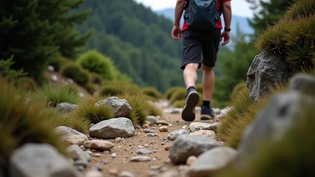 Hiker navigating rocky sandstone terrain with careful foot placement on uneven ground