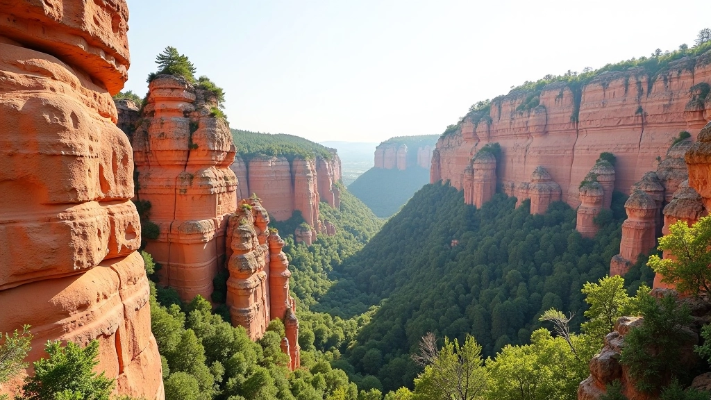Sandstone cliff formations with red and orange tones rising above forest canopy