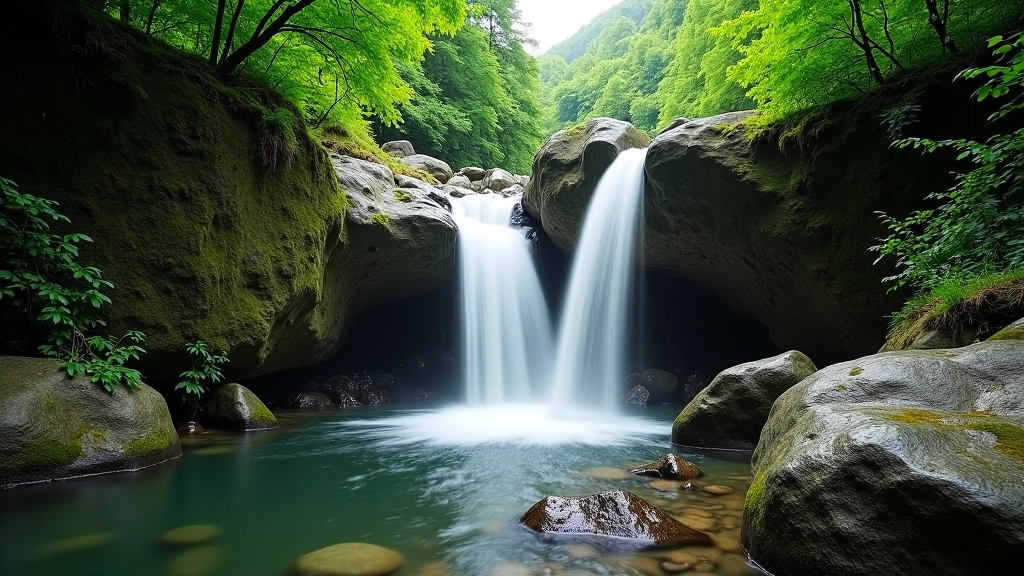 Mountain waterfall cascading over moss-covered rocks into a clear pool surrounded by forest