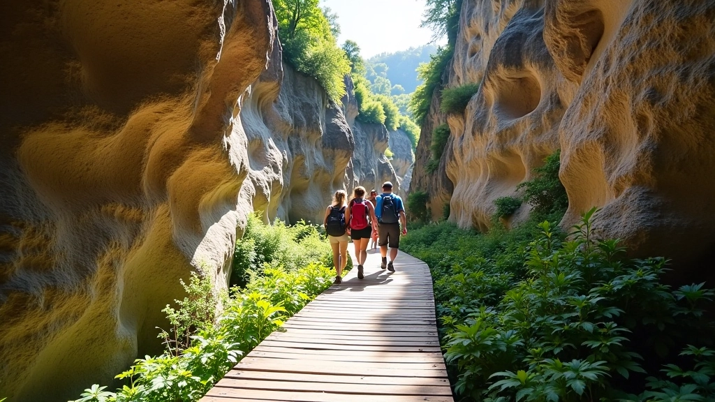 Wooden boardwalk trail winding through limestone formations with hikers in distance